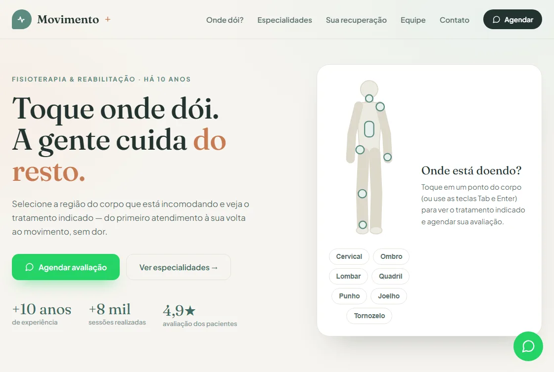 Prévia do site da clínica de fisioterapia Movimento+